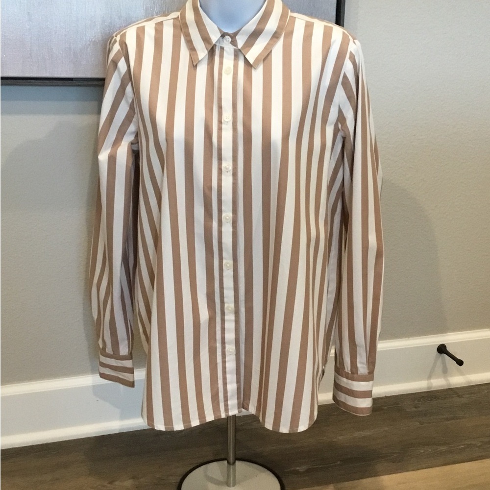Ann Taylor Tan and White Striped Classic Fit  Blouse Wm Sz S